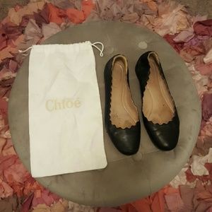Chloe black scalloped leather flats